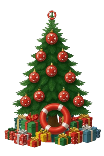 Das Bild zeigt einen Weihnachtsbaum zusammen mit Geschenken und dem Hafen Hilft Rettungsring Symbol